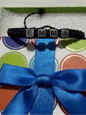 Customizable Name Bracelet - Black Cord with Silver Letter Beads EMMA